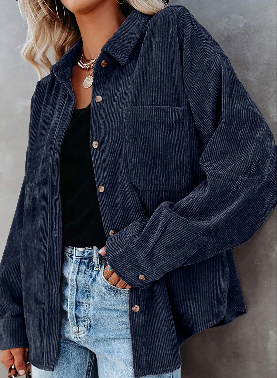 MIHOLL Women Corduroy Long Sleeve Button Down Collared Shirt Jacket Tops