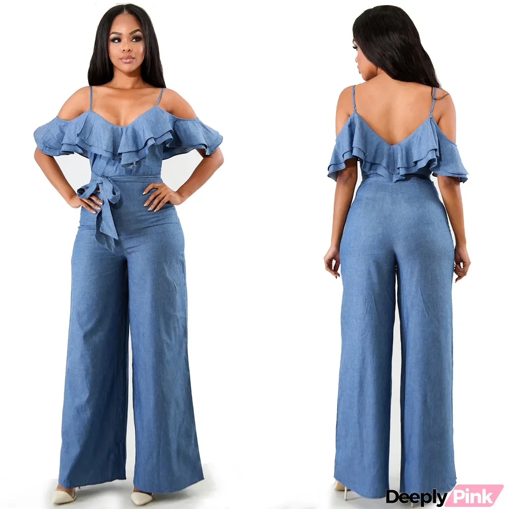 Sexy Straps Denim Ruffles Jumpsuit