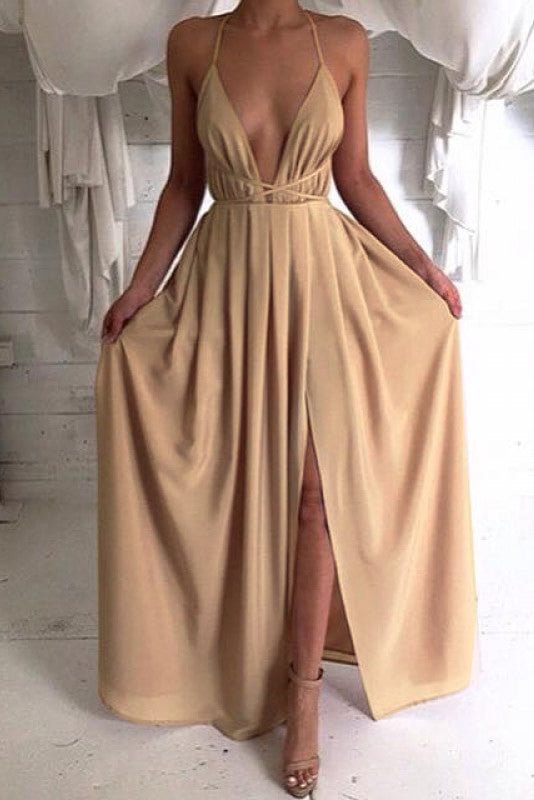 Sexy Plunge Neck Halter Slit Long Dress - Life is Beautiful for You - SheChoic