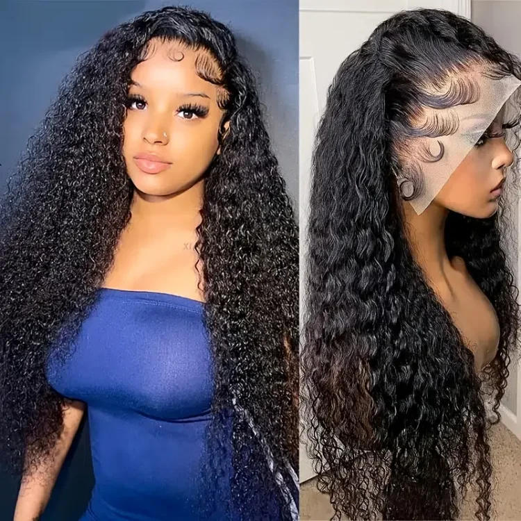 13x4 Lace Frontal Wigs Deep Curly Wavy Wig For Women With Baby Hair Pre Plucked 100% Unprocessed Brazilian Virgin Hair Natural Black