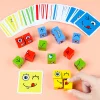 Face Changing Building Blocks Game Montessori Toy Kids Wood Puzzle Cartoon Cube