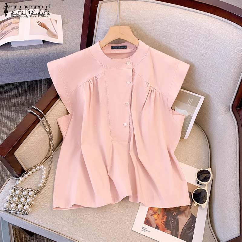 ZANZEA Solid Sleeveless Tanks Women Buttons Pleating Camis Holiday Summer Half Open Front Tank Tops 2024 Vintage Vests