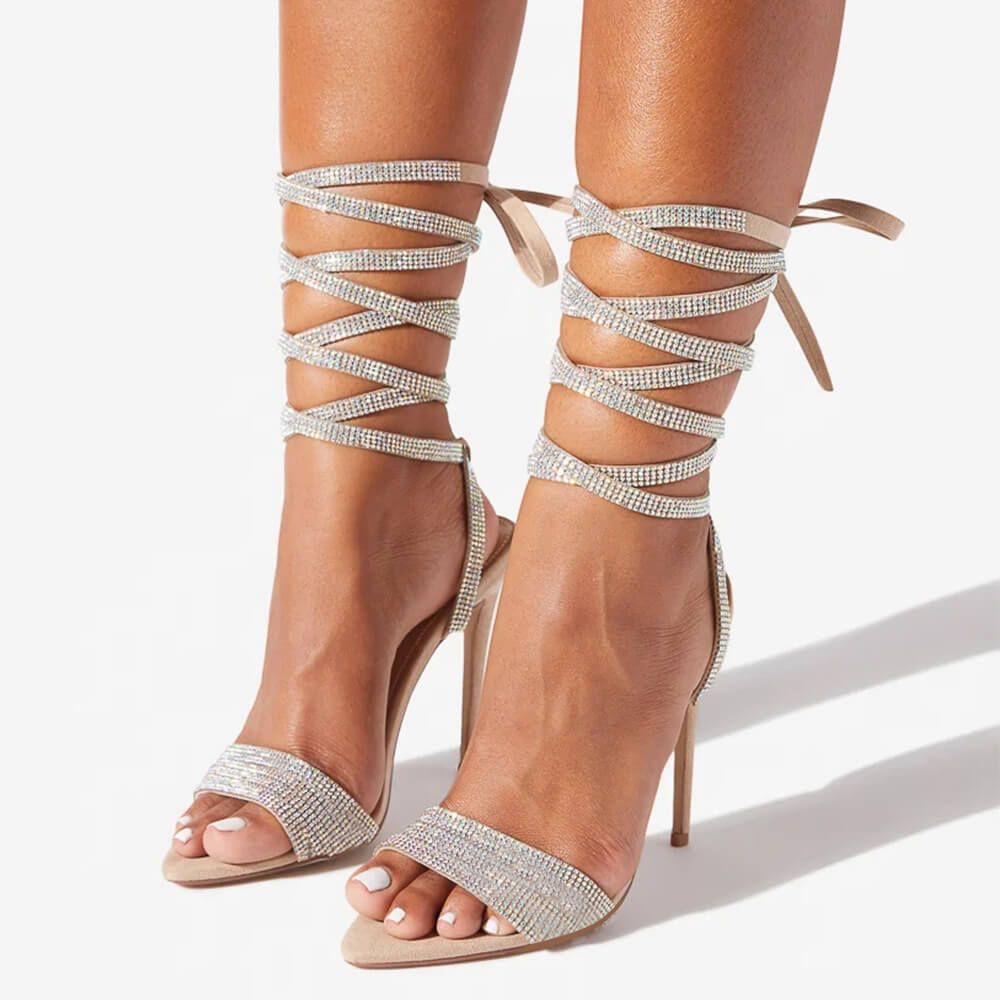 Nude Faux Suede Pointed Toe Stiletto Heel Lace Up Rhinestone Sandals Nicepairs