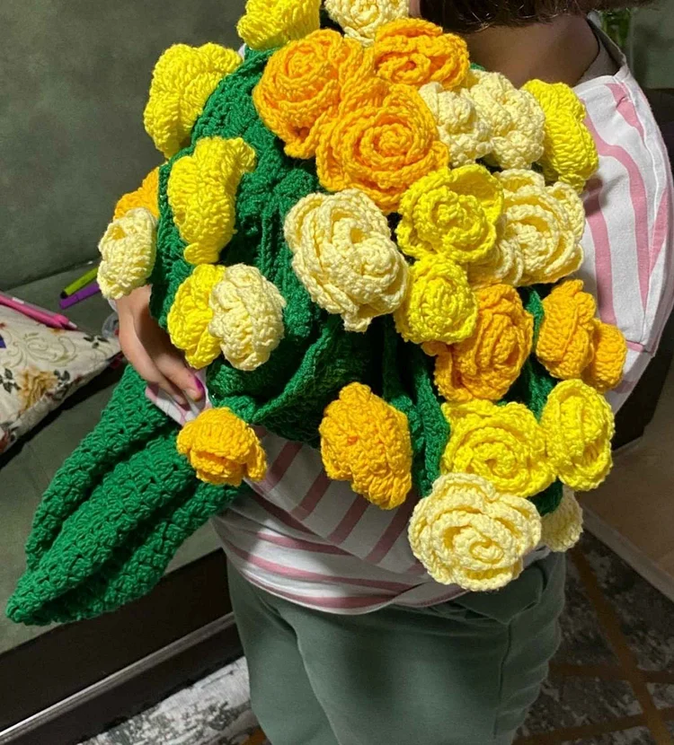 Lulusnow Handmade Yellow 3D Rose Flower Bouquet Blanket Knitted Sofa Blanket Crochet Flower Blanket Gift Christmas/Valentine's/Easter/Mother's Day Gifts