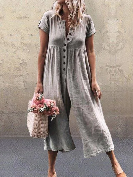Solid Short Sleeve Casual Romper Jumpsuit