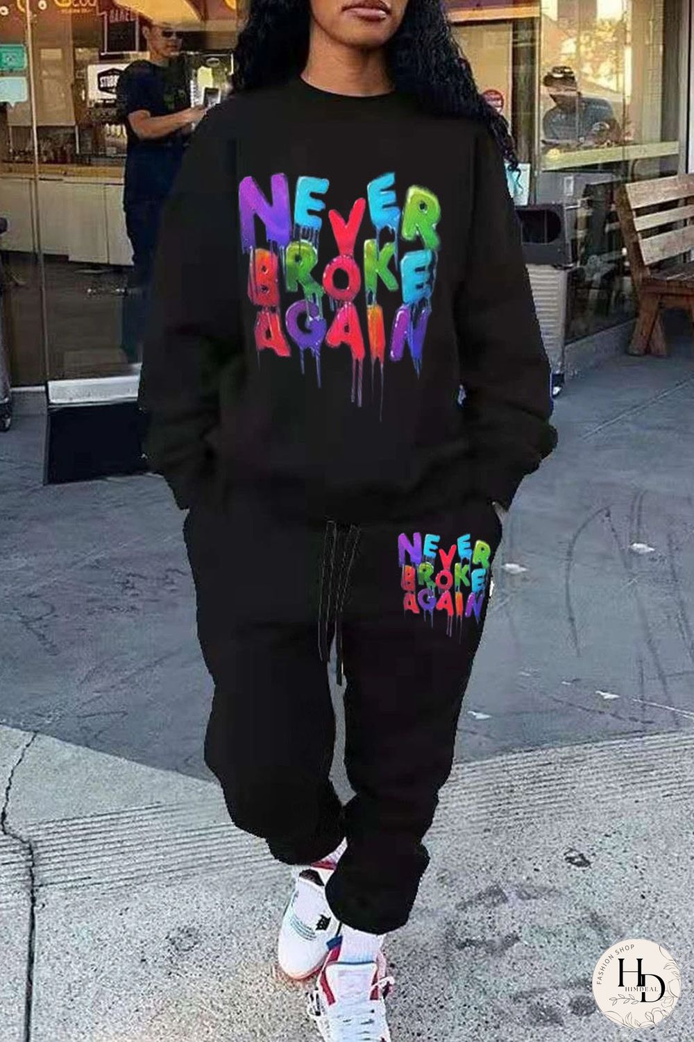 Black Street Print O Neck Long Sleeve Two Pieces