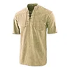 Men Gothic Retro T-Shirt Lace-up V-neck Linen Pocket Short Sleeve Tee Shirt Loose Tops