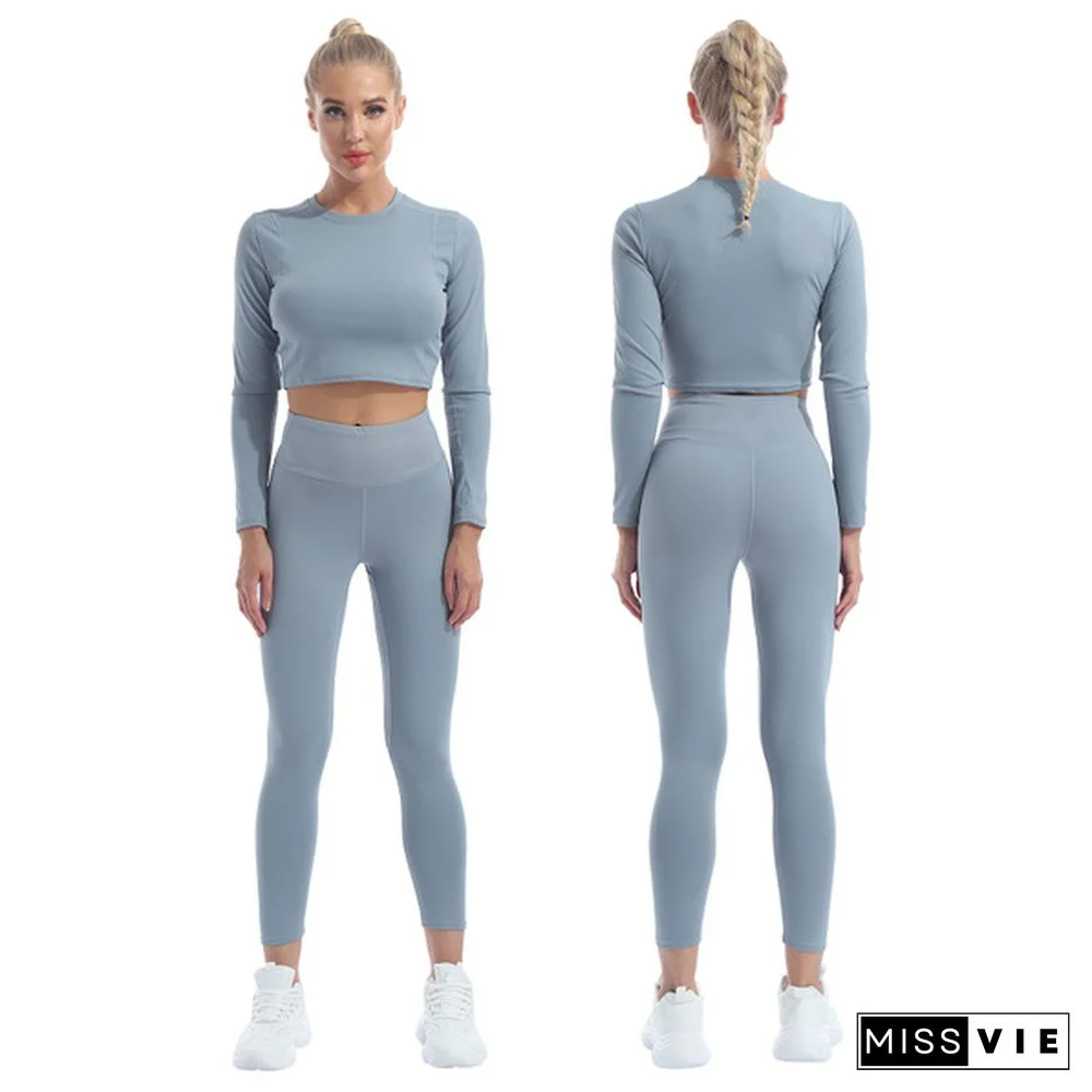 Women's Workout Outfit 2 Pieces Seamless High Waist Yoga Leggings with Long Sleeve Crop Top Gym Clothes Set