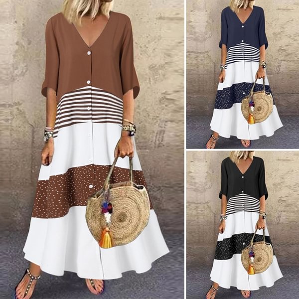 Summer Women Short Sleeve Casual Baggy V-Neck Patchwork Holiday Plus Size Long Dress - Shop Trendy Women's Clothing | LoverChic