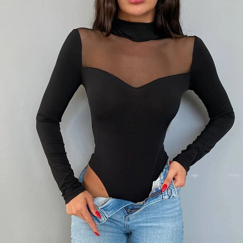 Women Mesh Spliced Bodysuit Tops Autumn Turtleneck Long Sleeve Bodycon Skinny Bodysuits Jumpsuits Ladies  Vintage Club Wear