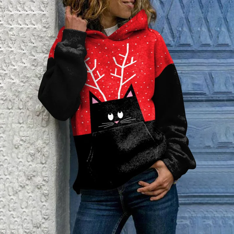 Christmas Elk Cat Print Hoodie