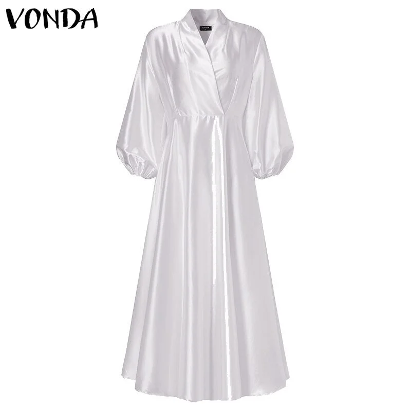 Women Autumn Long Maxi Party Dress 2022 VONDA Sexy V Neck Long Sleeve Solid Dresses Bohemian Vestidos Femme Satin Slik Sundress