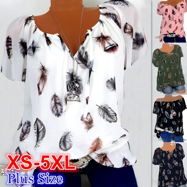 New Summer Womens Fashion Plus Size Tops Short Sleeve Feather Print Lace Up V-neck Off Shoulder Blouse &Shirts S-5XL - Shop Trendy Women's Clothing | LoverChic