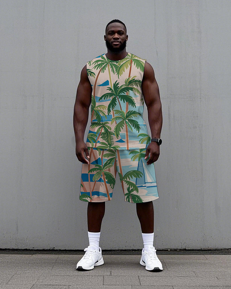 Men's Big Size Natural Coconut Trees Sailboat Printed Hawaiian Vest and Shorts Set