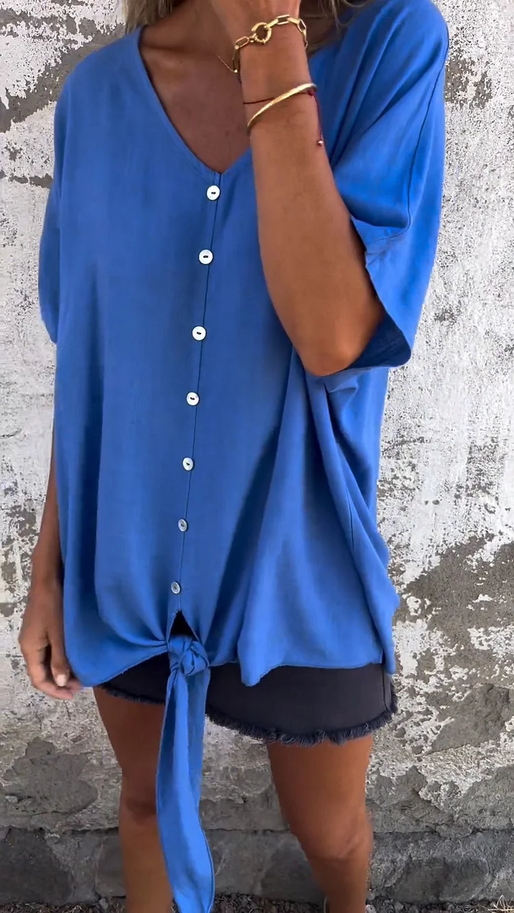V-neck Button-down Cotton Linen Short-sleeved Top