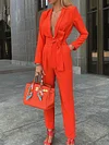 Plunging Lace-Up Long Sleeves+Straight Leg Jumpsuit