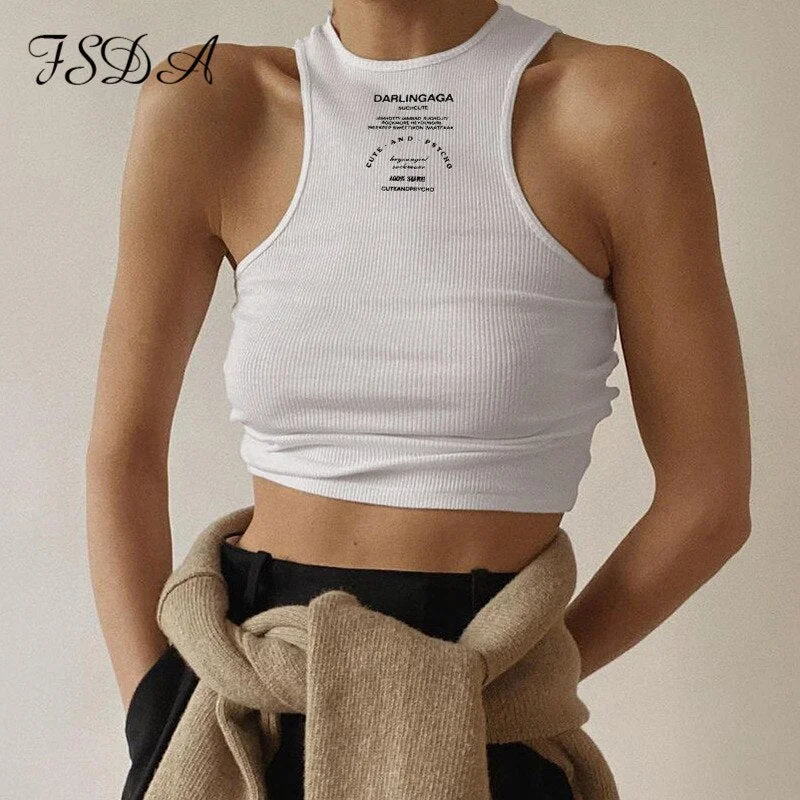 2022 Letter Print Crop Top Women Casual Summer Off Shoulder Black Basic Sexy White Ribber Fashion Tank Tops Sleeveless