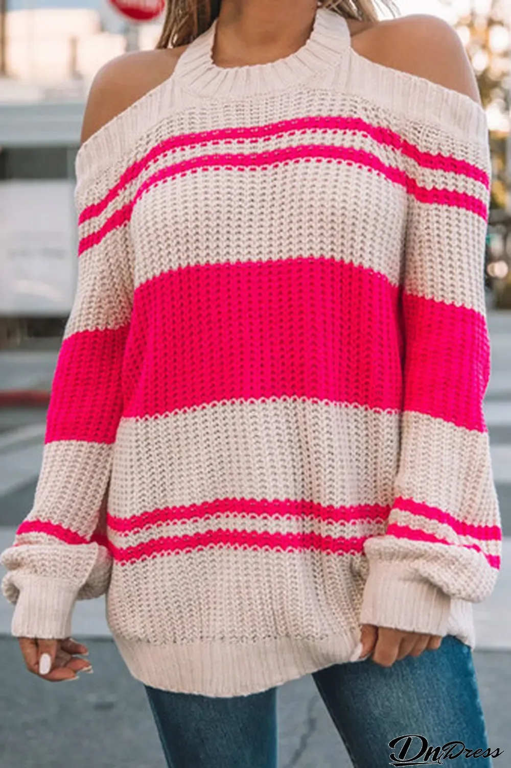 Pink Striped Cold Shoulder Knit Sweater