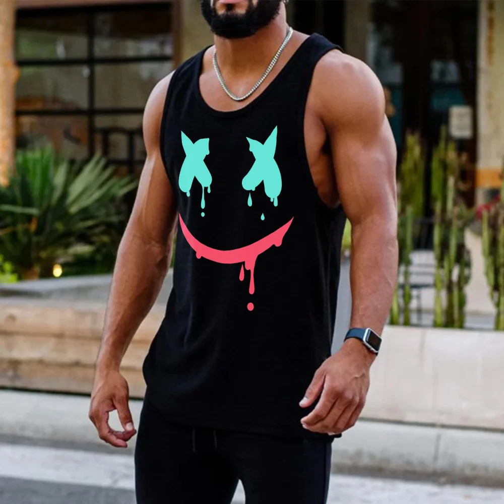 Men's Sports Smiley Print Sleeveless Black Tank Top