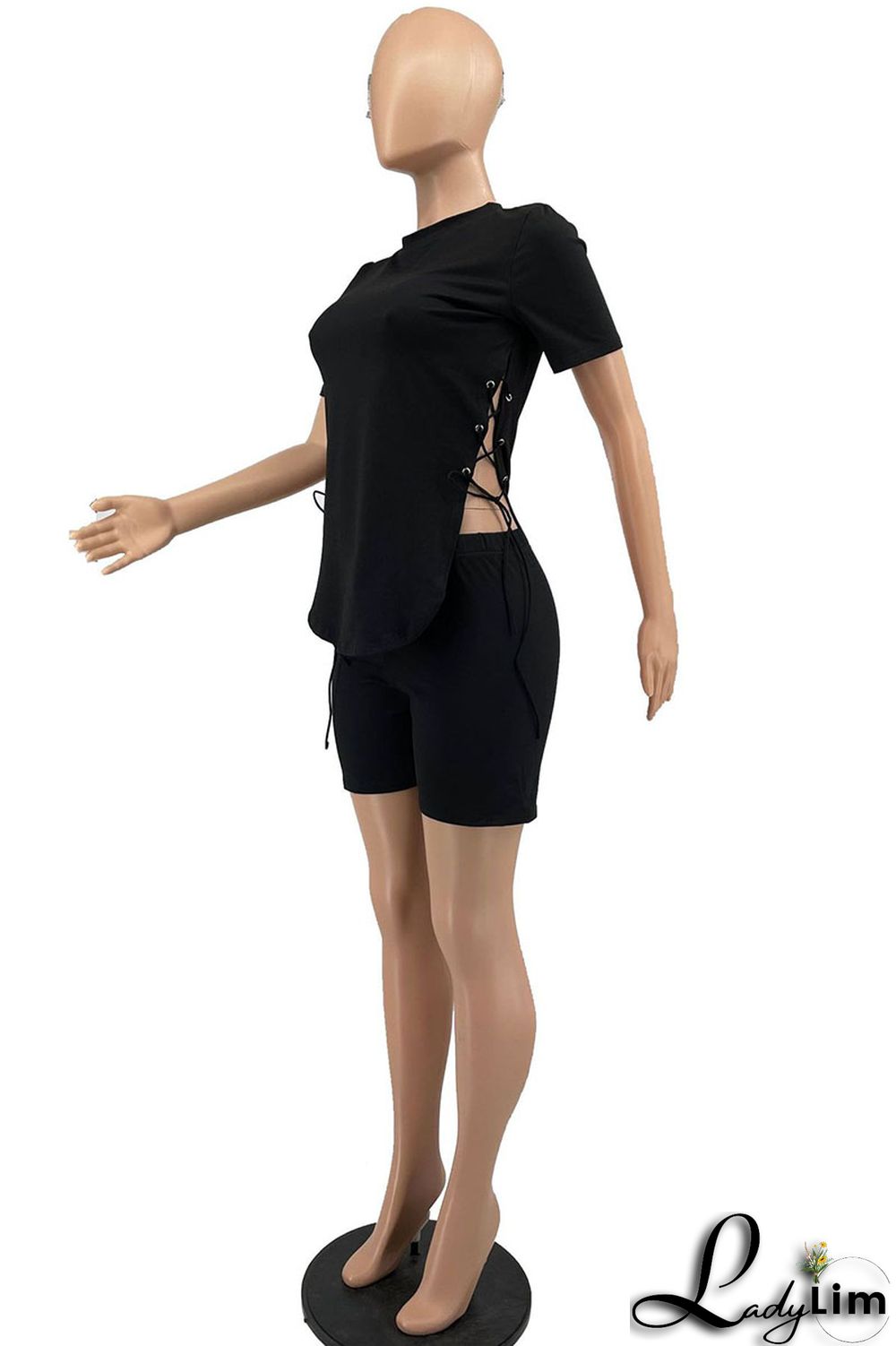 Burgundy Casual Solid Split Joint Frenulum Asymmetrical O Neck Short Sleeve Two Pieces