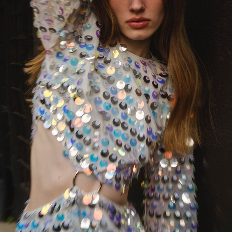 Women Fashion Glitter Sequins Hollow Out Mini Dress Elegant Round Neck Long Sleeves Short Dresses 2025 Female Chic Party Outfit