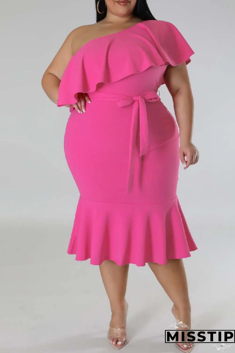 Green Casual Solid Patchwork Backless Oblique Collar Plus Size Dresses