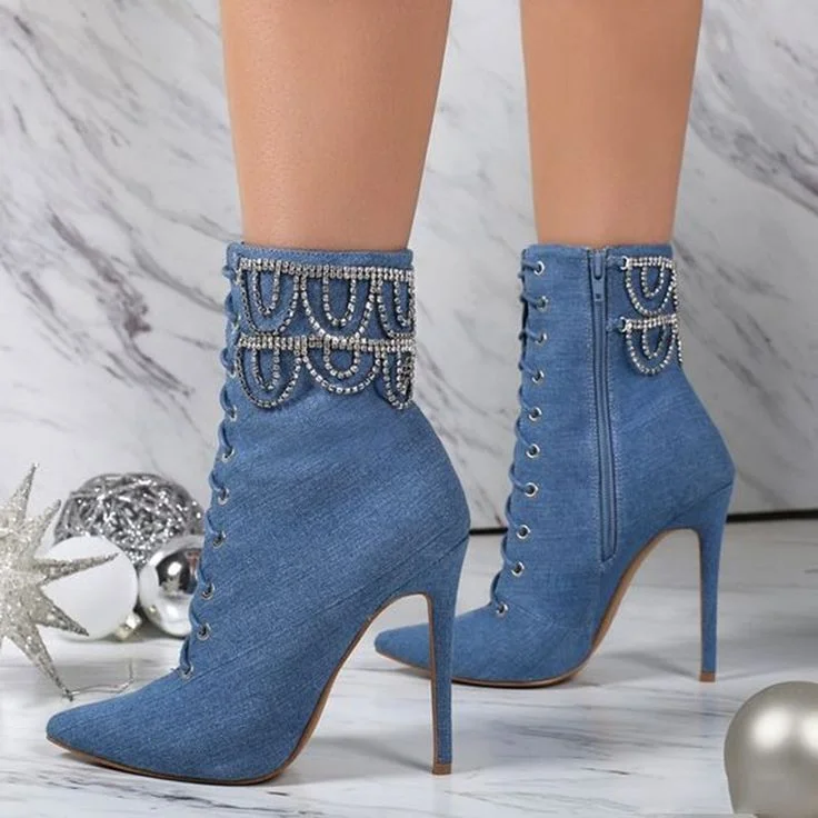 Blue Denim Rhinestone Lace up Pointy Toe Stiletto Booties Vdcoo