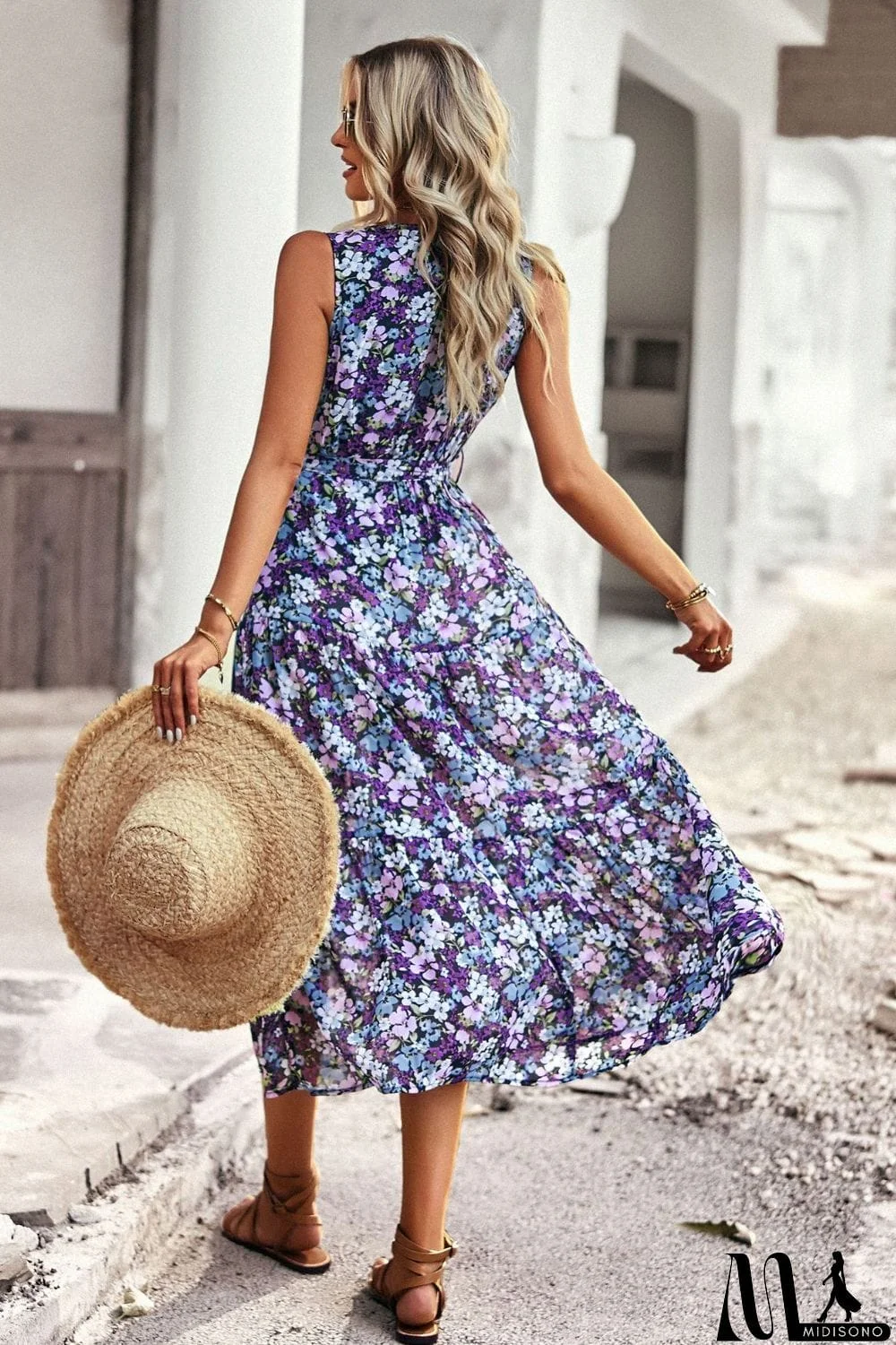 MidiSono - Floral Belted Surplice Sleeveless Tiered Dress