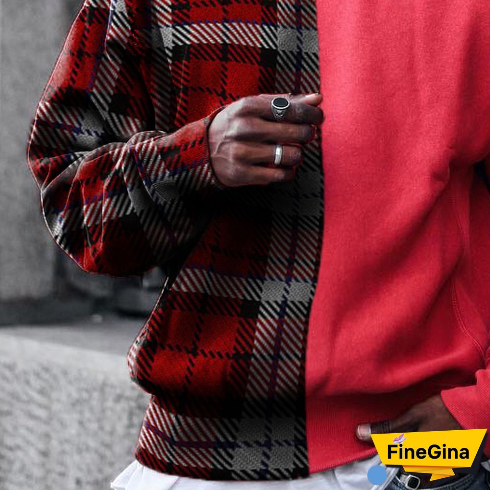 Street Fashion Plaid Texture Color Block Round Neck Sweater