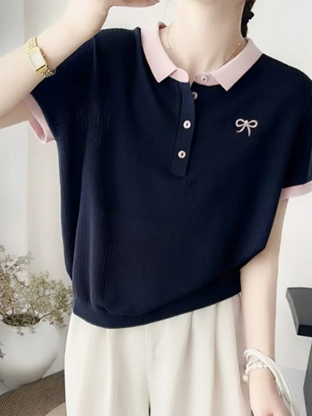 Athvotar Athvotar Collared Thorned Bow Embroidered Short-Sleeved T-Shirt Girl's Small Fragrant Wind Age Relaxed Temperament Ice Silk Knitted Shirt Tide