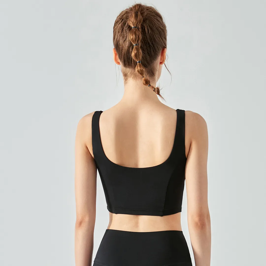 Hergymclothing Black women's open back fishbone line design skin friendly running fitness vest with built in sports bra for sale