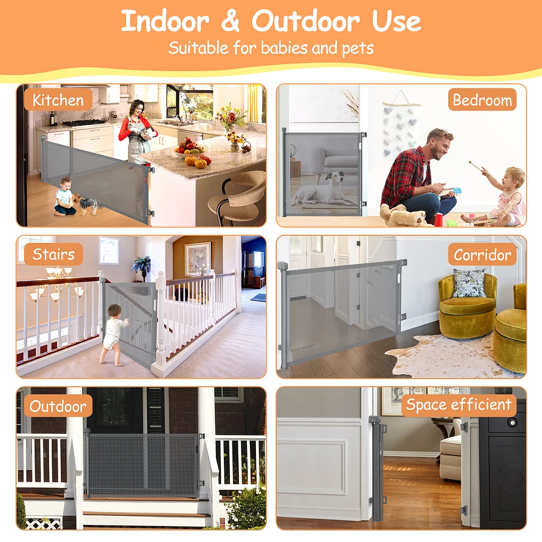 BEBANG Retractable Baby Gate Extra Wide, 71" Retractable Dog Gate for Stairs, Doorways, Hallways, Indoor and Outdoor, Gray