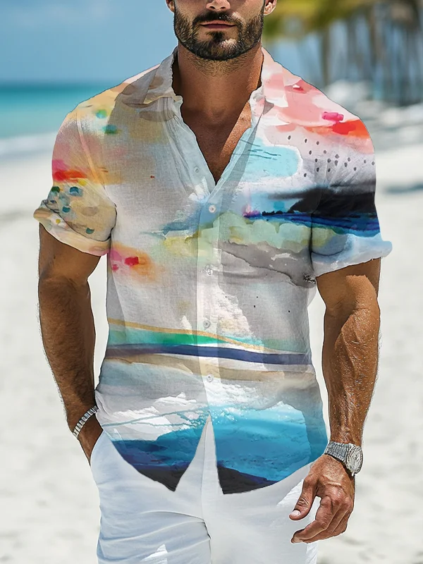 Men's Spring Abstract Landscape Watercolor Art Print Shirt
