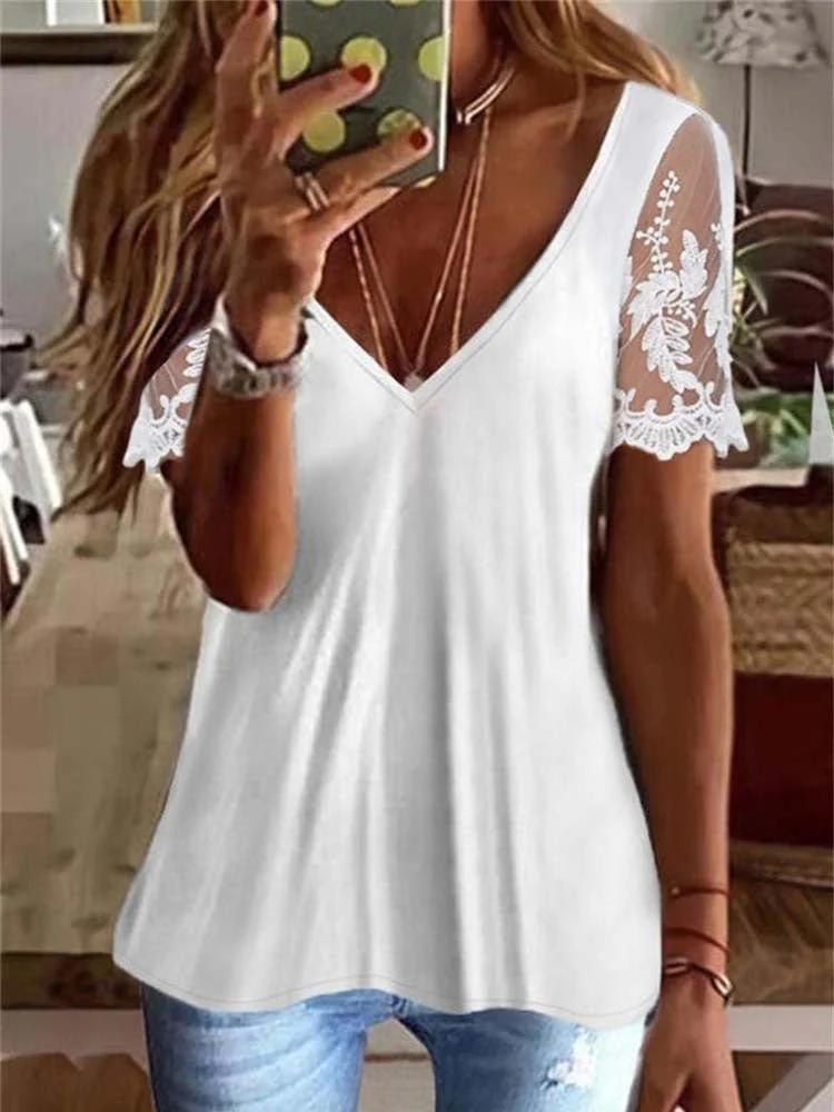 Women's Short Sleeve V-neck Lace Stitching Floral Printed Top