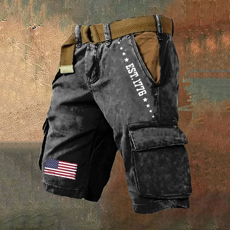 VChics Men's Retro Usa Est 1776 Print Cargo Shorts
