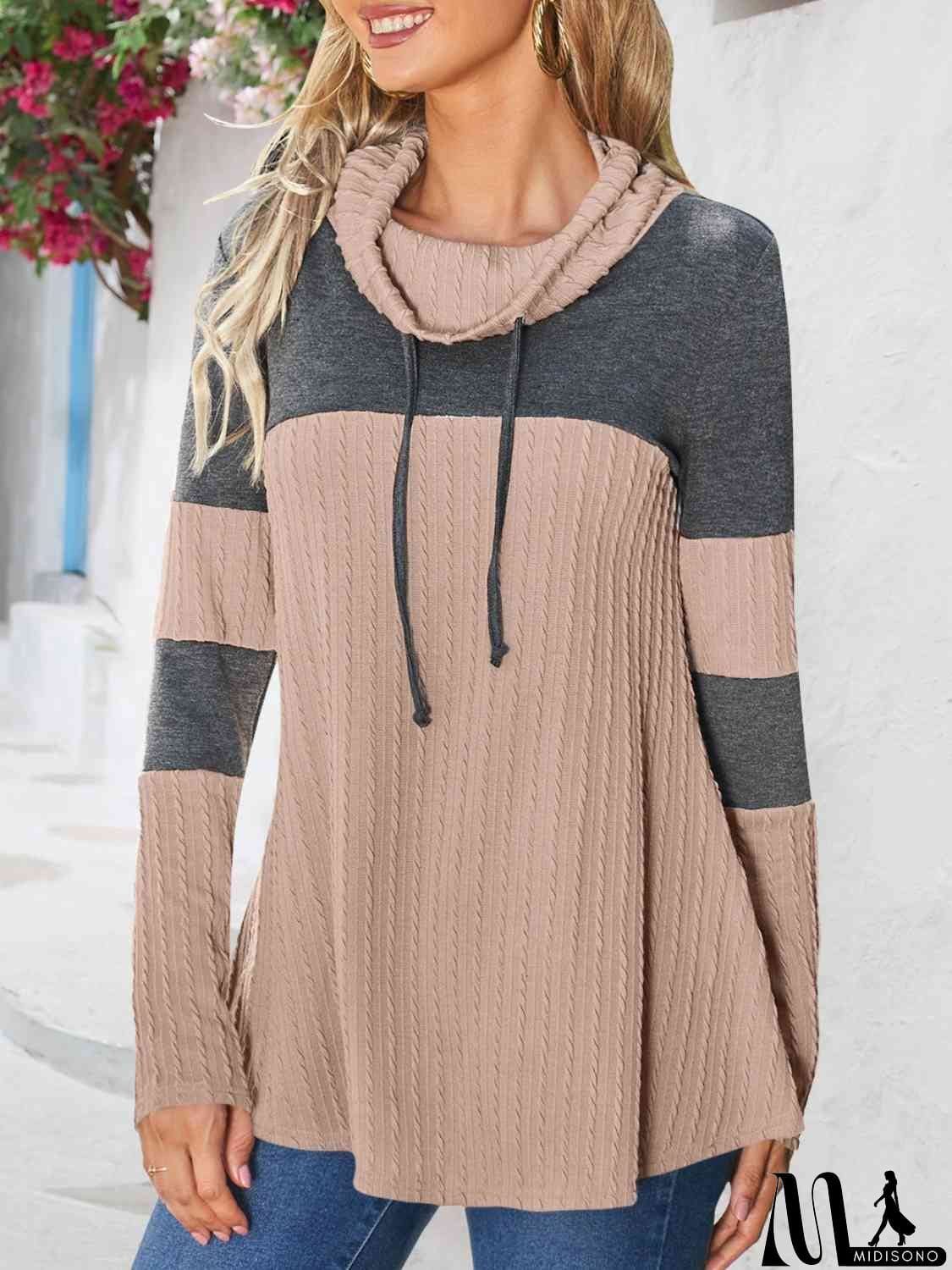 MidiSono - Contrast Drawstring Long Sleeve Top