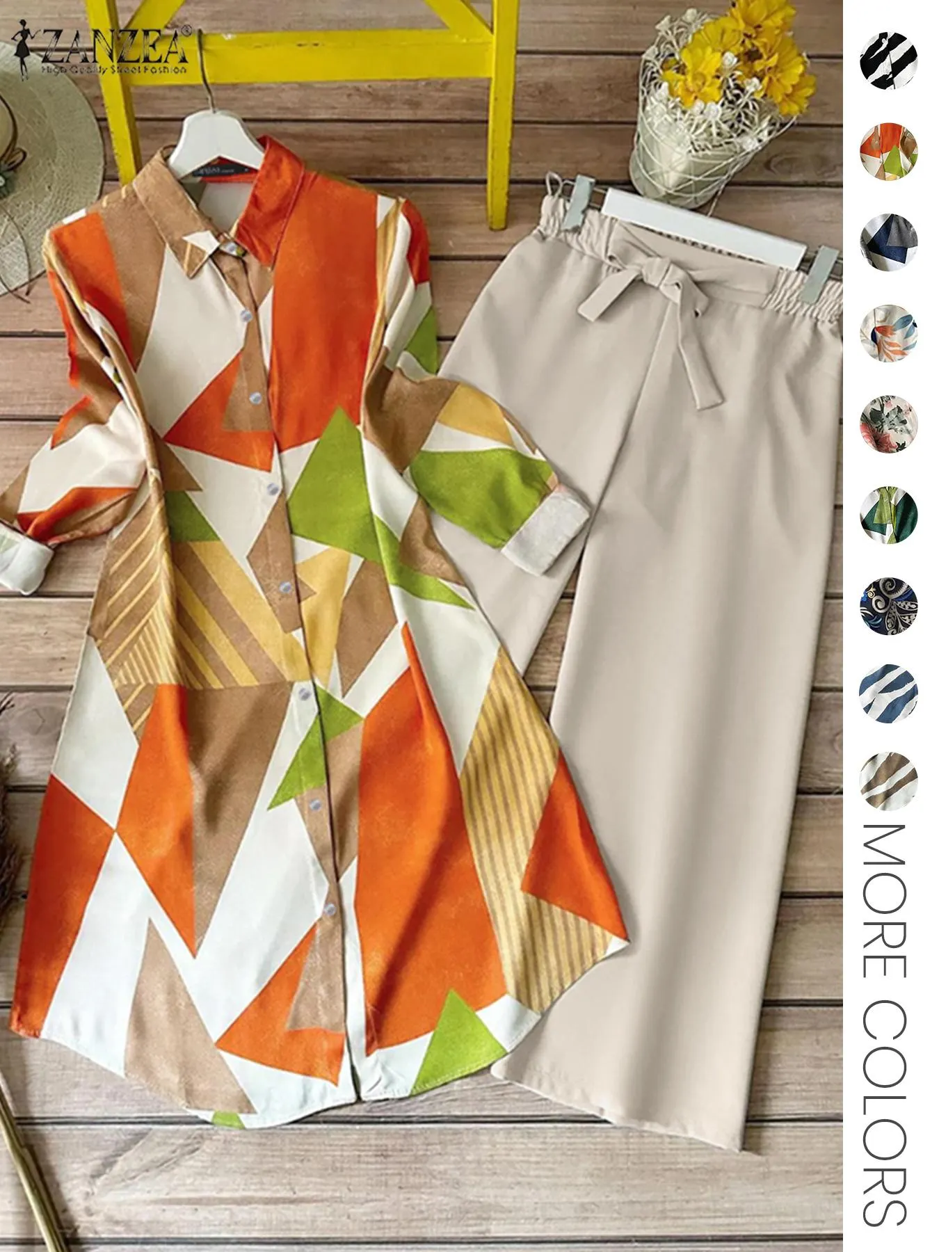 Two-piece Women's All-Over Print Button Shirt & Wide Leg Pants Set, Casual Long Sleeve Collared Top & Trousers for Daily Wear, Ladies Clothes for All Seasons