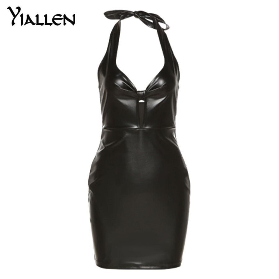 Yiallen Summer Faux PU Leather Sexy Low V-Neck Mini Dress Women Sheath Cleavage Body-Shaping Lace Up Halter Sleeveless Female