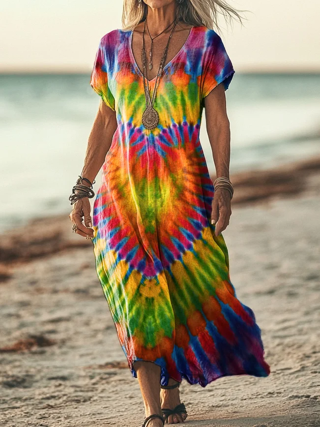 Women's Trippy Love Heart Tie Dye Print Pocket Cotton Dress
