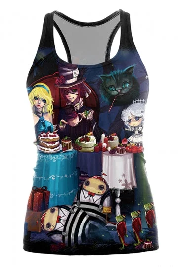 Alice In Wonderland Tea Party Anime Printed Halloween Tank Top Blue-elleschic