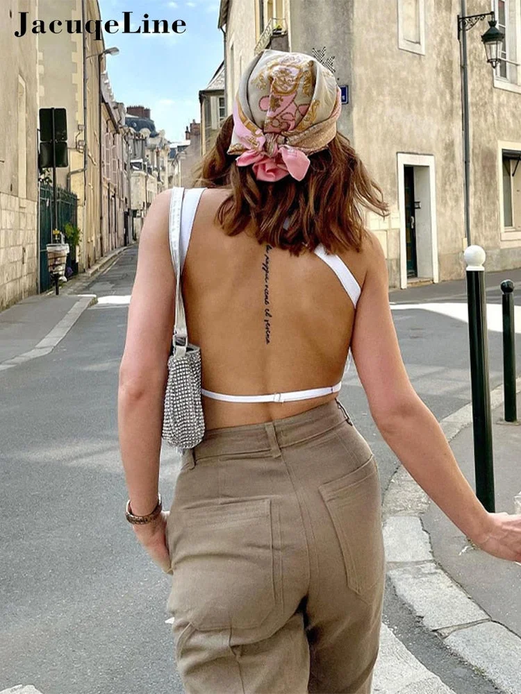 Jacuqeline 2022 Summer Knit y2k Crop Top Women Sexy One Shoulder Backless Tank Tops Casual Basic Sleeveless Camis Beach Fashion