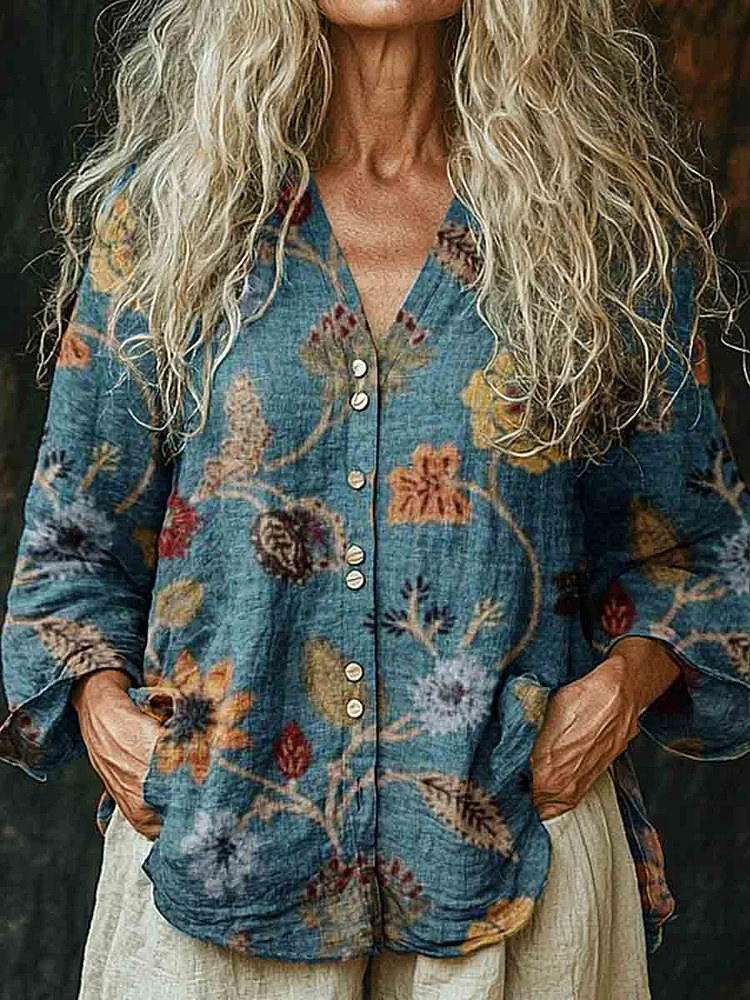 Women's Retro Floral Casual Long Sleeve Comfortable Cotton and Linen Shirt