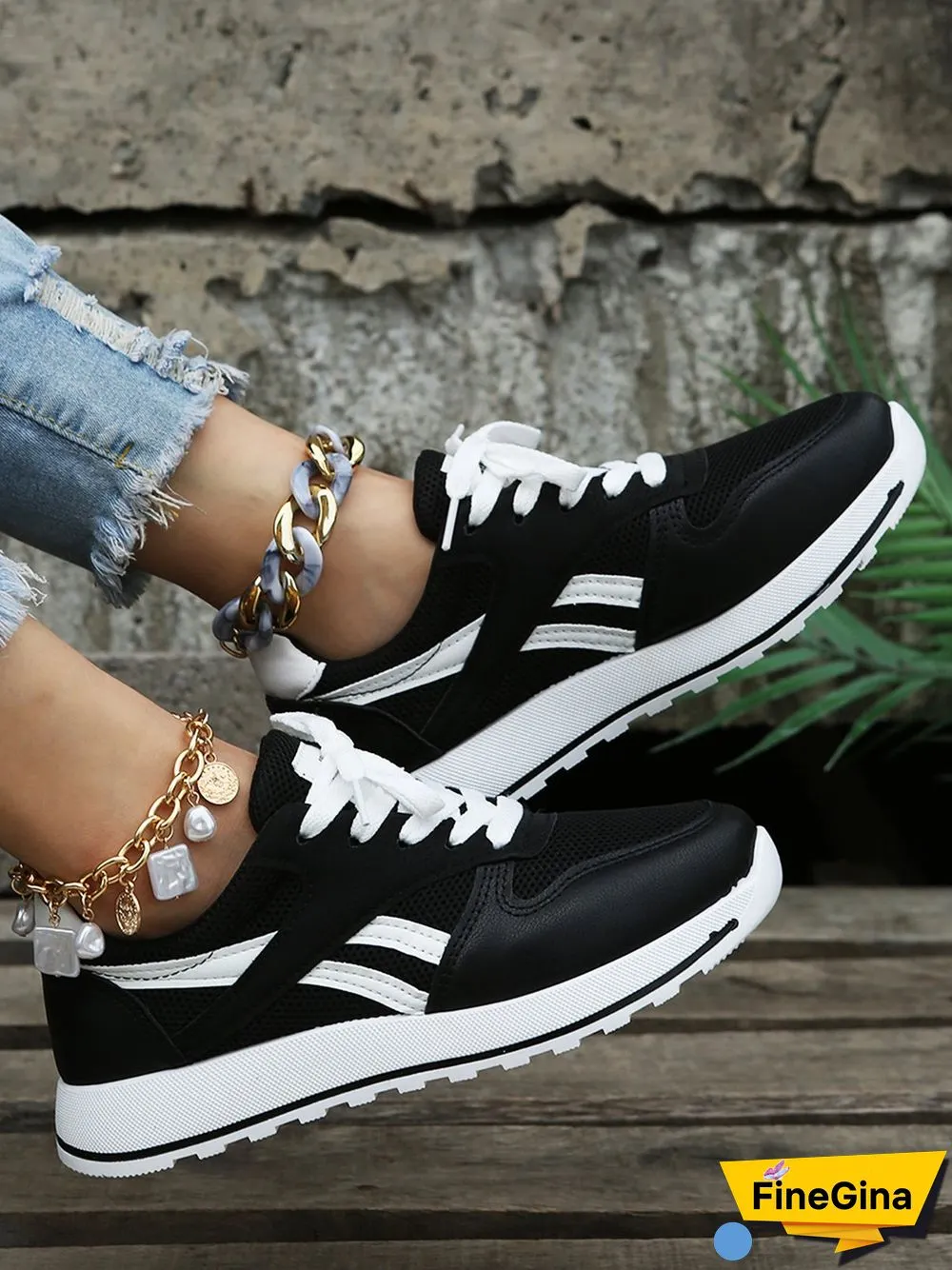 Color Block Sports All Season Split Joint Flat Heel Round Toe Fabric Fabric Lace-Up Sneakers for Women