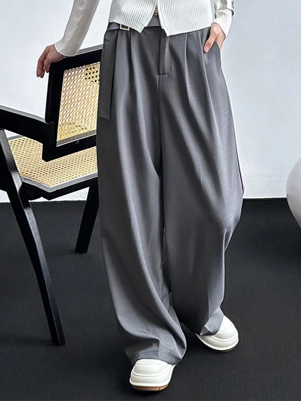 High Waisted Loose Belt Buckle Solid Color Suit Pants Trousers