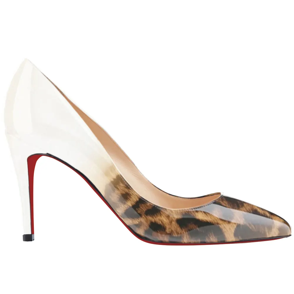 90mm Middle Heels Pointy Toe Pumps White Leopard Gradient Color Patent-vocosishoes