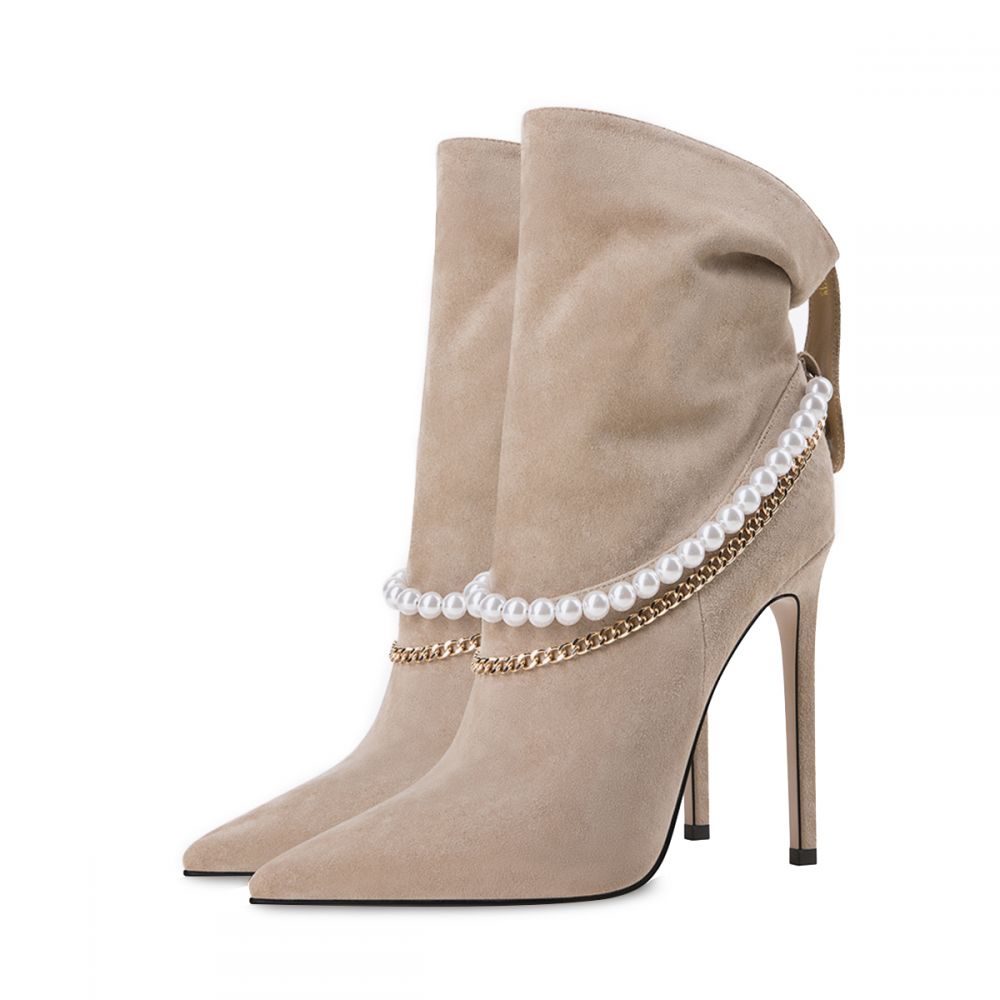 Beige Vegan Suede Pointed Toe Chain Slouchy Ankle Boots with Pearl Nicepairs