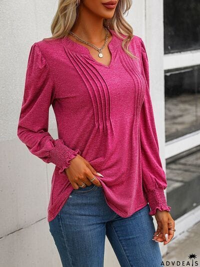 Notched Smocked Lantern Sleeve Blouse