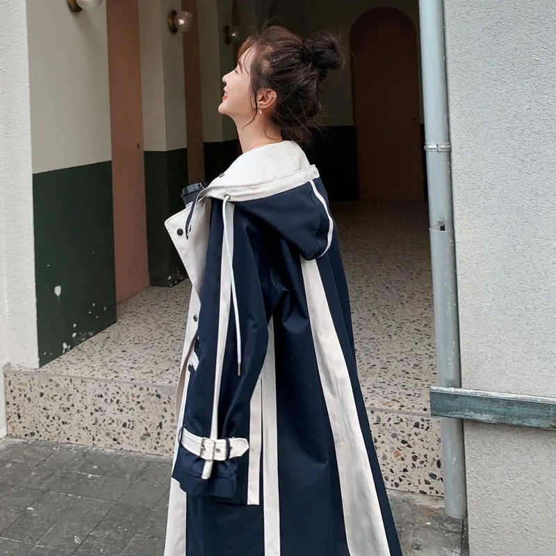Women Trench Coat Hooded Double-Breasted Oversize Patchwork Lady Windbreaker with Belt Spring Autumn Outerwear Female Clothes