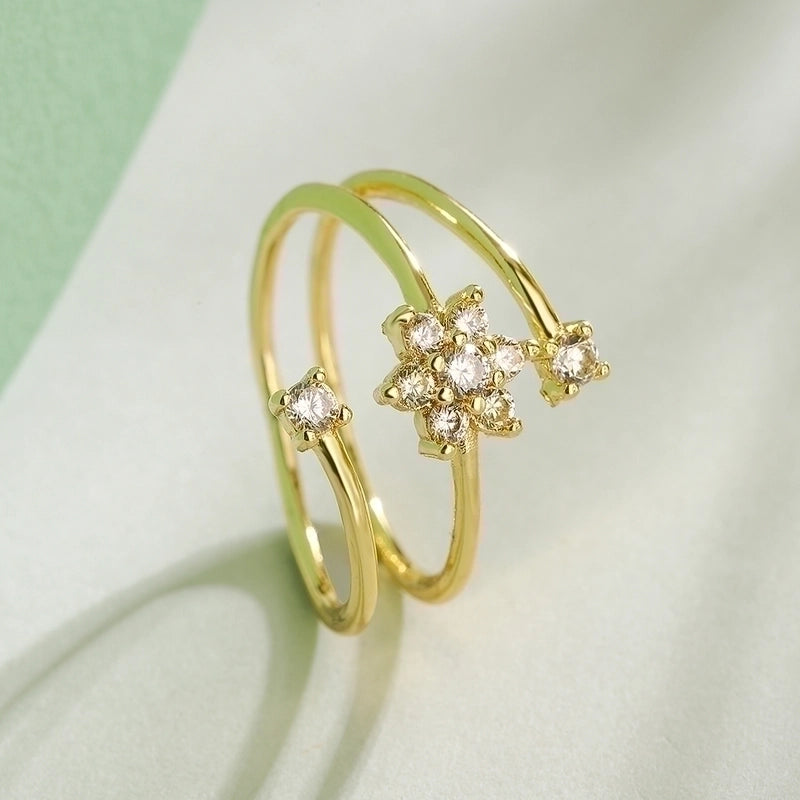 Minimalist Commute Flower Copper 18k Gold Plated Zircon Open Ring In Bulk