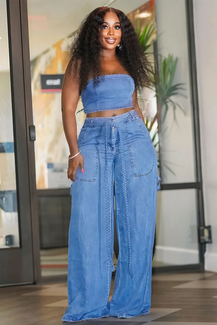 Crop Tube Top High-Rise Pocket Wide Leg Pants Denim 2pcs Set-Blue [Pre Order]